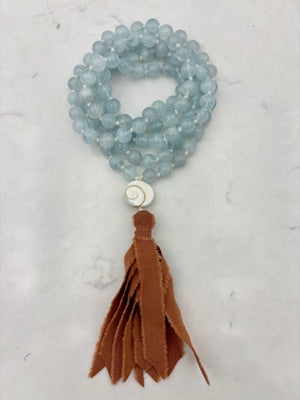 aquamarine gemstone mala necklace with silk tassel | radiant malas | handmade in boulder, colorado