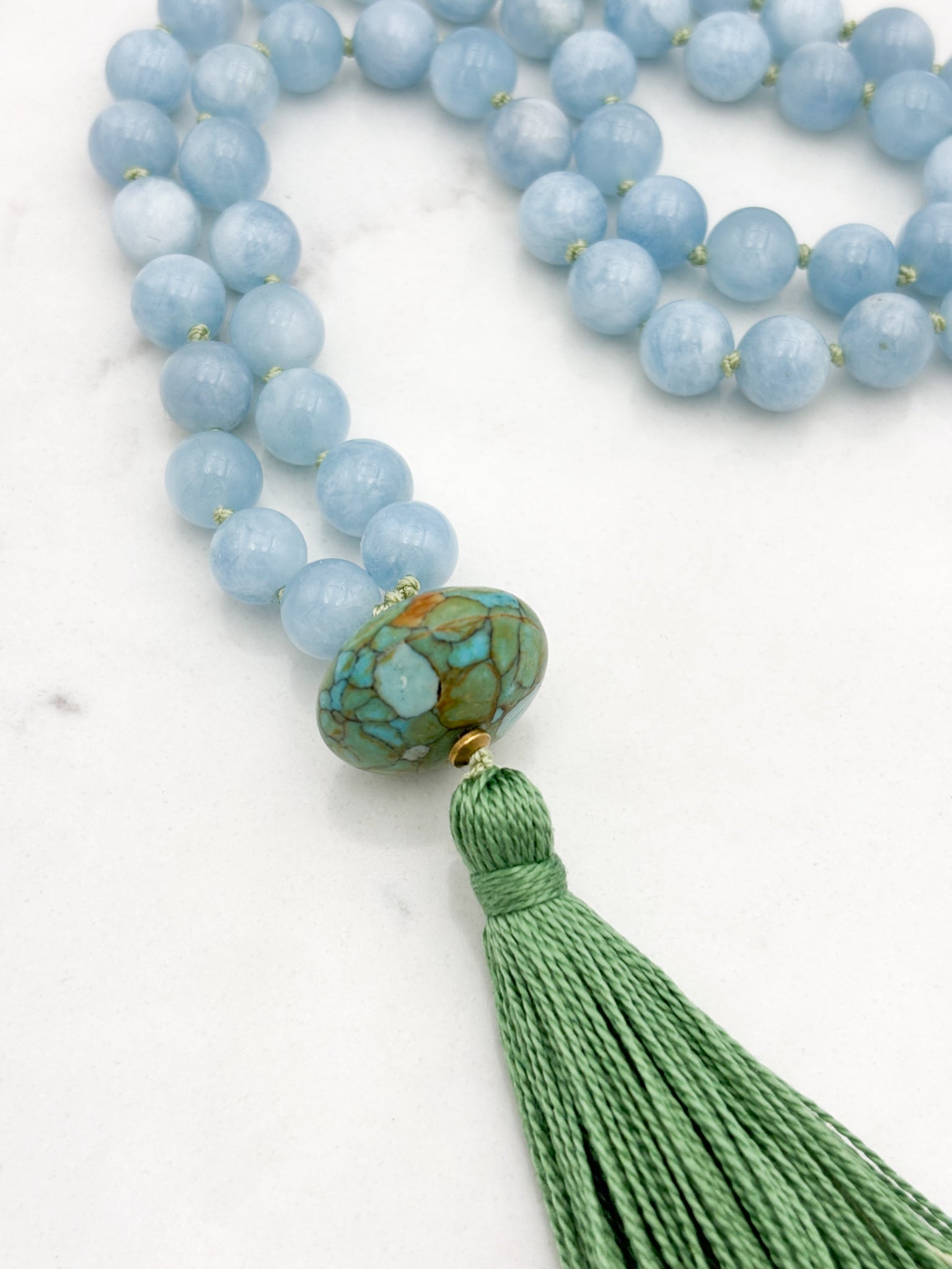 aquamarine gemstone mala with turquoise guru bead and green tassel | radiant malas | handmade in boulder, colorado