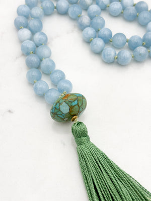aquamarine gemstone mala with turquoise guru bead and green tassel | radiant malas | handmade in boulder, colorado