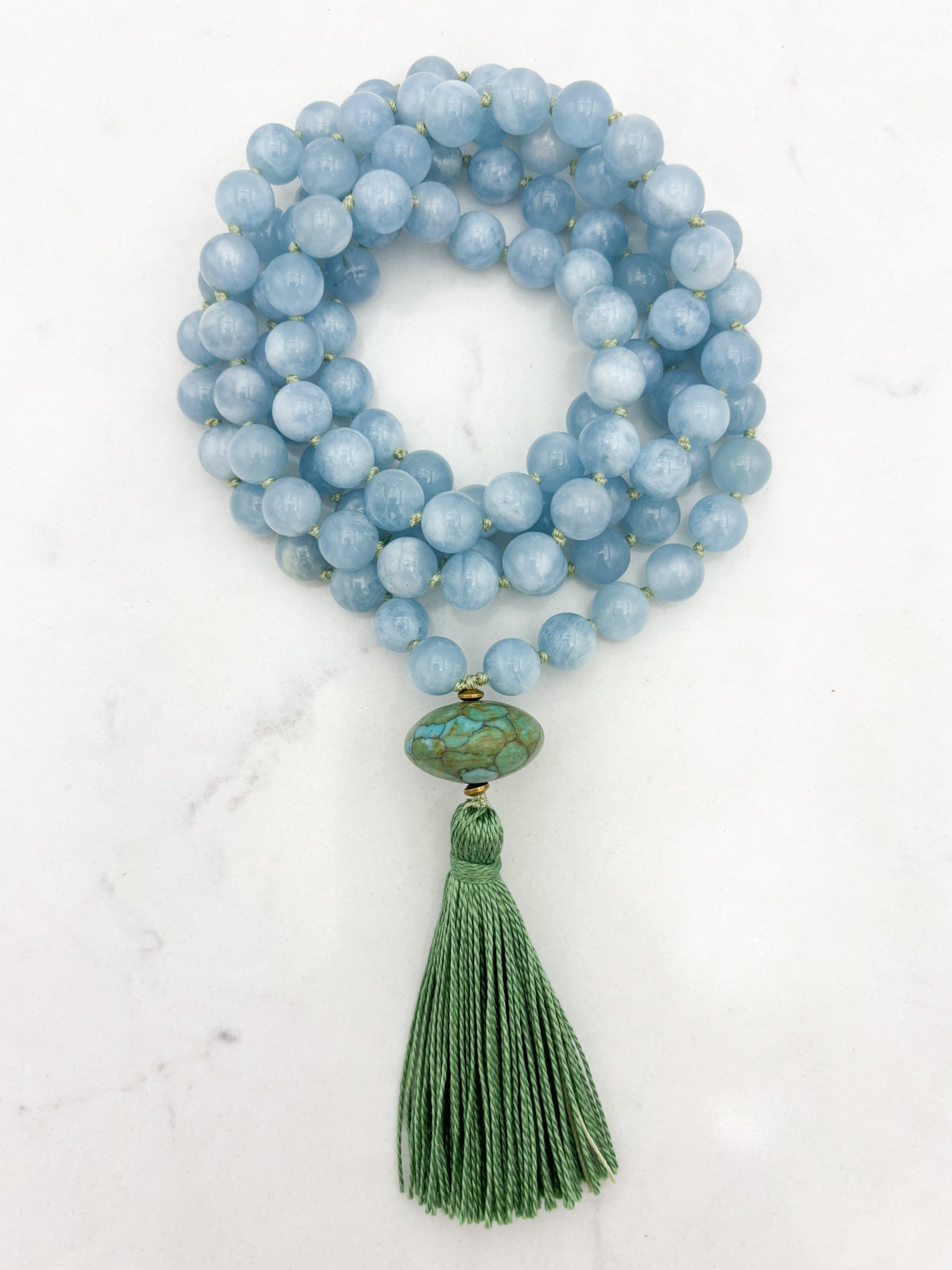 aquamarine gemstone mala with turquoise guru bead and green tassel | radiant malas | handmade in boulder, colorado