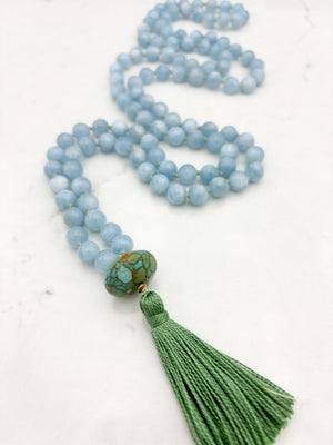 aquamarine gemstone mala with turquoise guru bead and green tassel | radiant malas | handmade in boulder, colorado