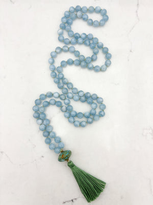aquamarine gemstone mala with turquoise guru bead and green tassel | radiant malas | handmade in boulder, colorado