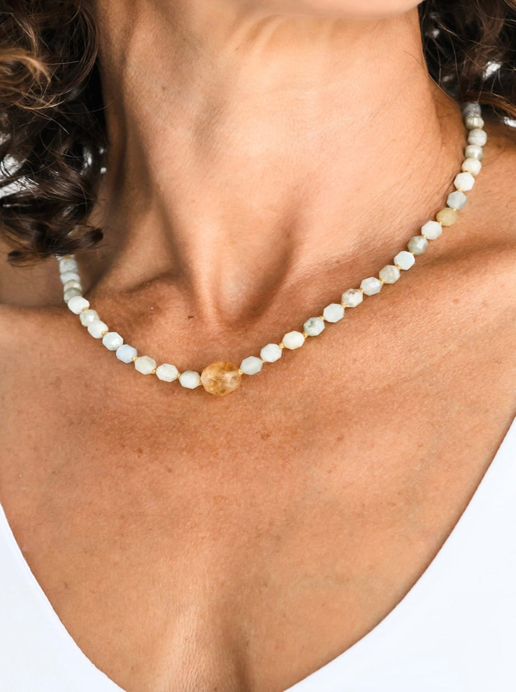 aquamarine knotted gemstone necklace with citrine guru bead | radiant malas | handmade in boulder, colorado
