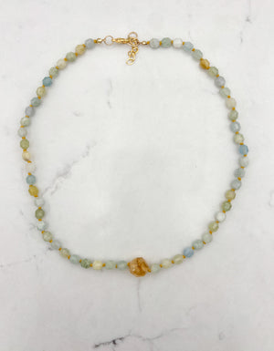 aquamarine knotted gemstone necklace with citrine guru bead | radiant malas | handmade in boulder, colorado