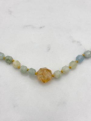 aquamarine knotted gemstone necklace with citrine guru bead | radiant malas | handmade in boulder, colorado