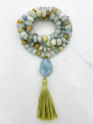 aquamarine gemstone mala necklace with aquamarine guru bead and green tassel | radiant malas | handmade in boulder, colorado