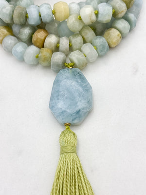 aquamarine gemstone mala necklace with aquamarine guru bead and green tassel | radiant malas | handmade in boulder, colorado