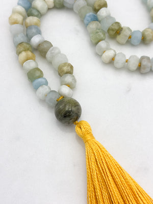 aquamarine gemstone mala necklace with cat's eye tourmaline guru bead and yellow tassel | radiant malas | handmade in boulder, colorado