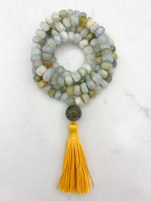 aquamarine gemstone mala necklace with cat's eye tourmaline guru bead and yellow tassel | radiant malas | handmade in boulder, colorado