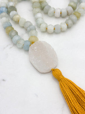 aquamarine gemstone mala necklace with druzy quartz guru bead and gold tassel | radiant malas | handmade in boulder, colorado