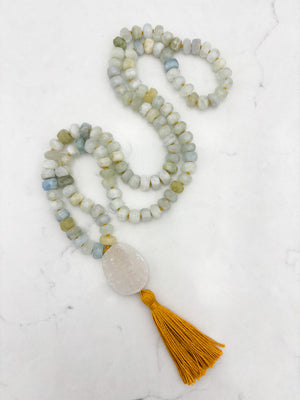 aquamarine gemstone mala necklace with druzy quartz guru bead and gold tassel | radiant malas | handmade in boulder, colorado