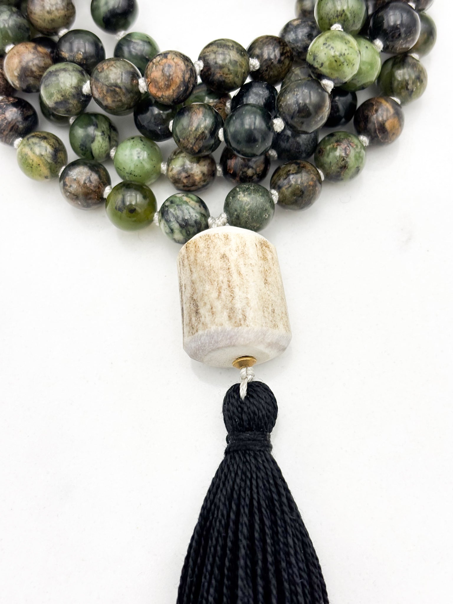australian jade gemstone mala necklace  with elk antler guru bead and black tassel | radiant malas | handmade in boulder, colorado