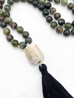 australian jade gemstone mala necklace  with elk antler guru bead and black tassel | radiant malas | handmade in boulder, colorado