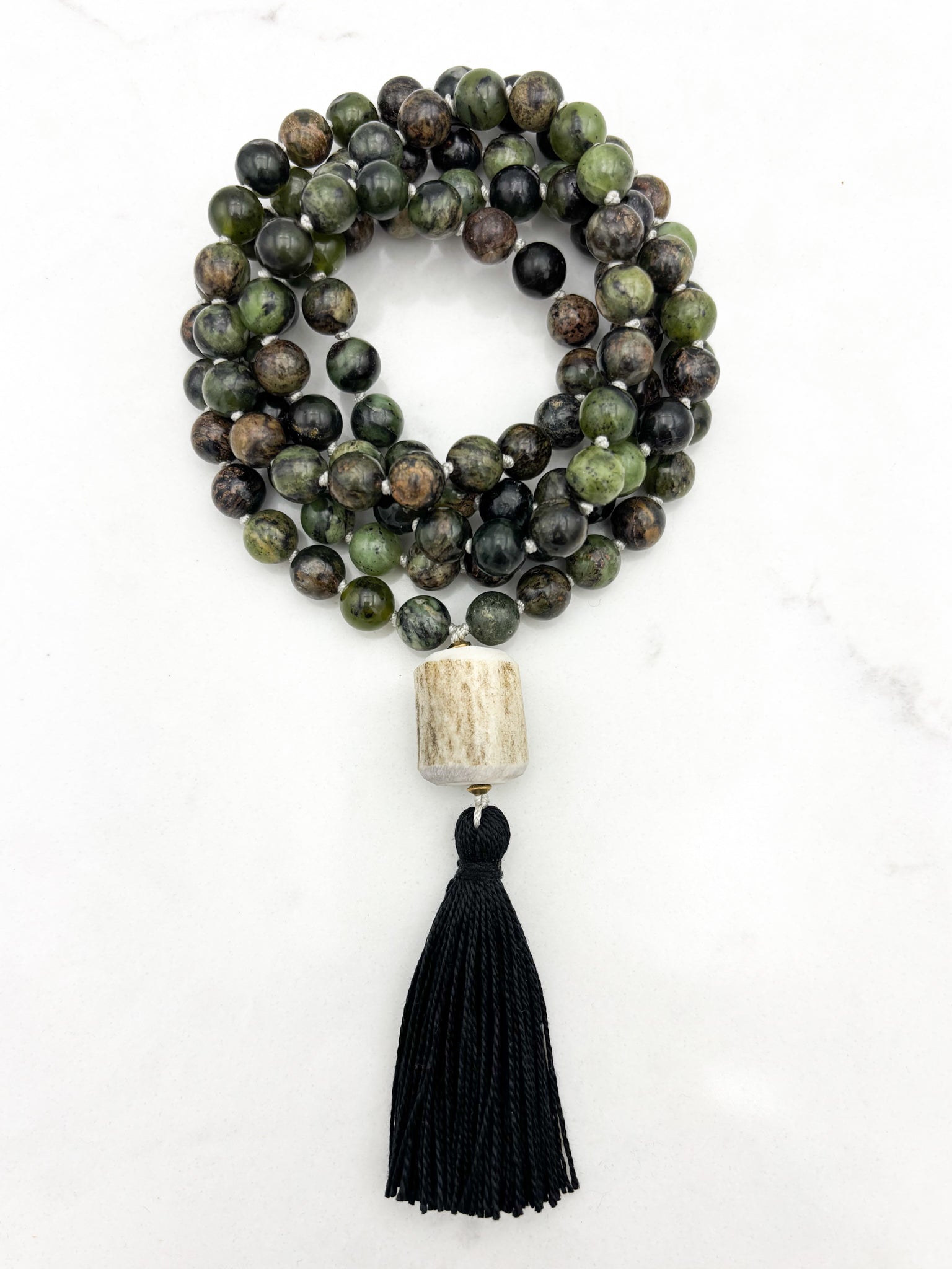 australian jade gemstone mala necklace  with elk antler guru bead and black tassel | radiant malas | handmade in boulder, colorado