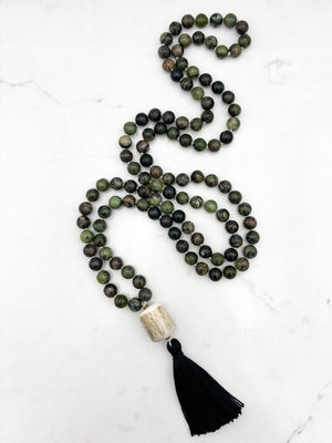 australian jade gemstone mala necklace  with elk antler guru bead and black tassel | radiant malas | handmade in boulder, colorado