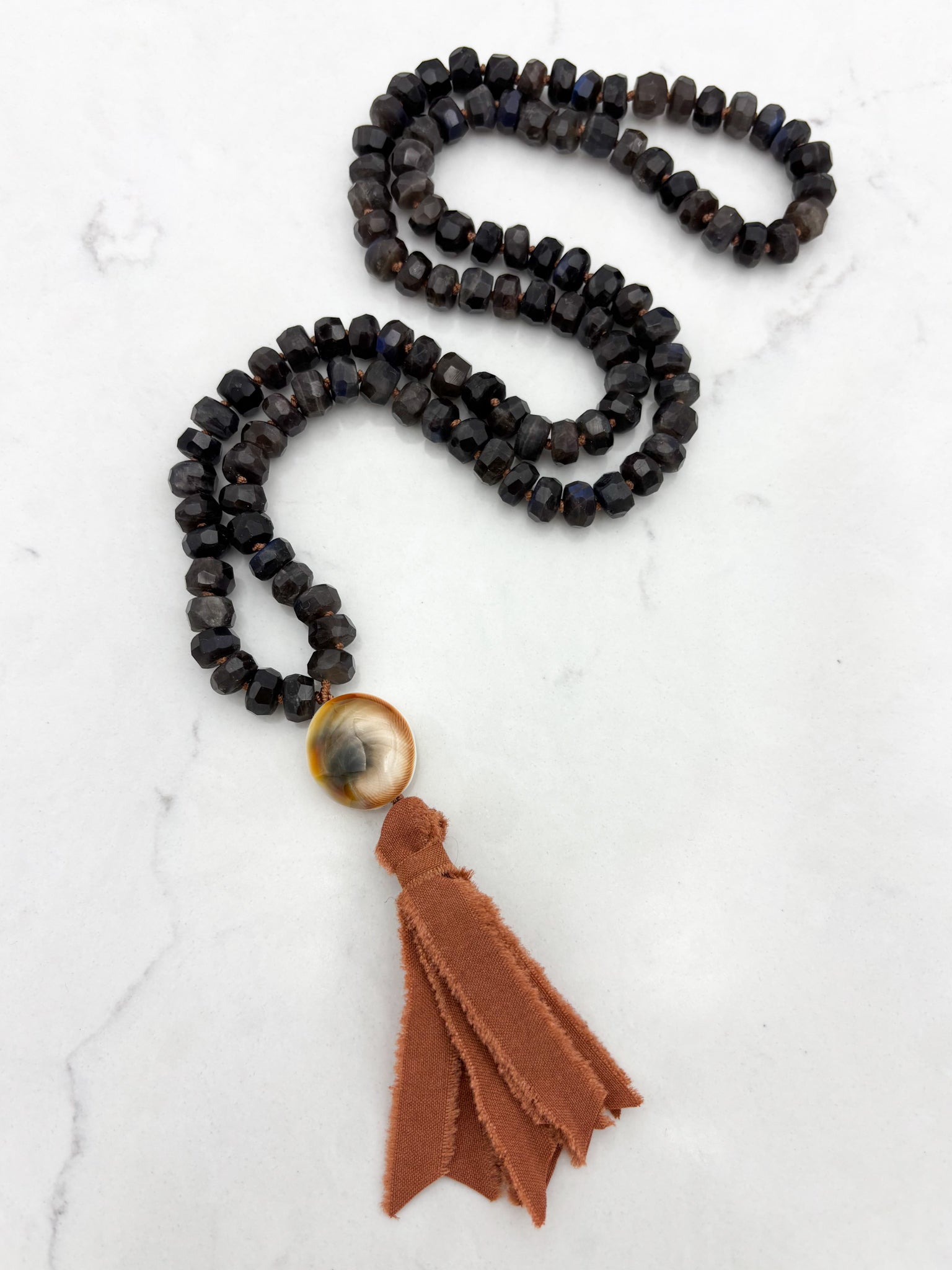 black labradorite gemstone mala with shell guru bead and silk tassel | radiant malas | handmade in boulder, colorado