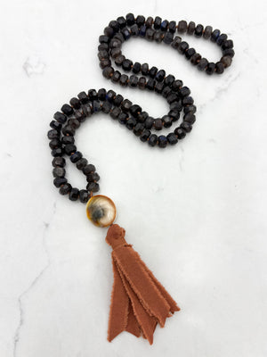black labradorite gemstone mala with shell guru bead and silk tassel | radiant malas | handmade in boulder, colorado