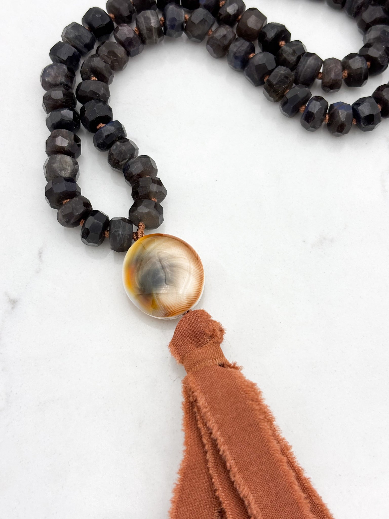 black labradorite gemstone mala with shell guru bead and silk tassel | radiant malas | handmade in boulder, colorado