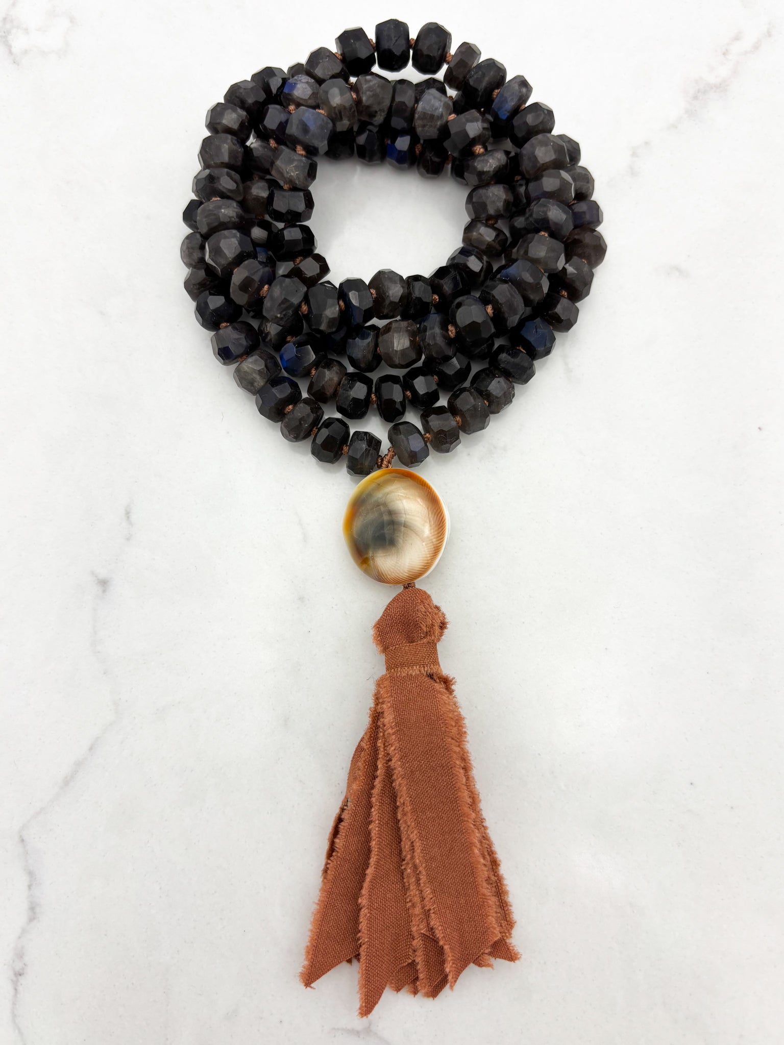 black labradorite gemstone mala with shell guru bead and silk tassel | radiant malas | handmade in boulder, colorado