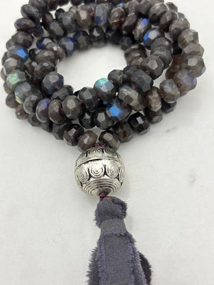 Black Labradorite Gemstone Mala with Silk Tassel