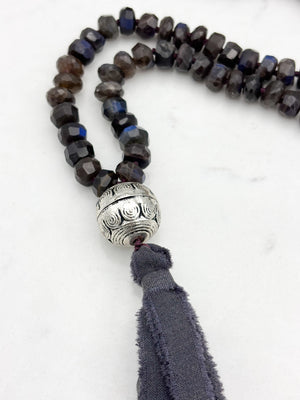 Black Labradorite Gemstone Mala with Silk Tassel