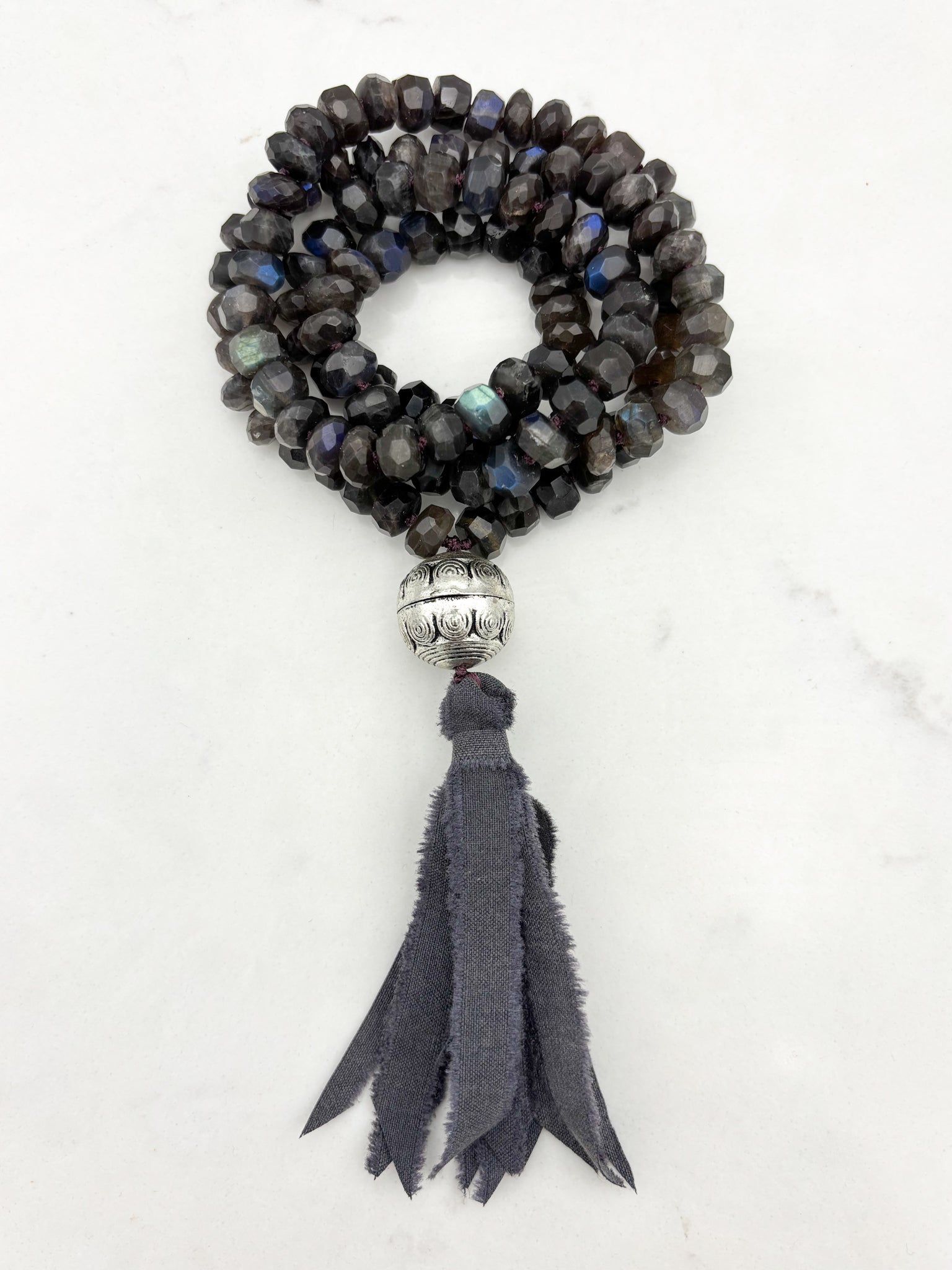 Black Labradorite Gemstone Mala with Silk Tassel