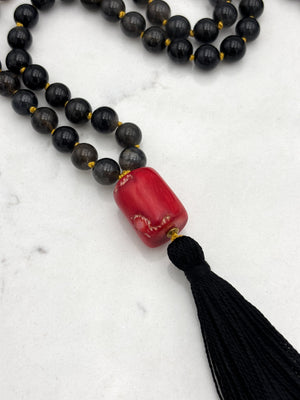 black rutile quartz gemstone mala necklace with red coral guru bead and black tassel | radiant malas | handmade in boulder, colorado