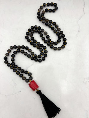 black rutile quartz gemstone mala necklace with red coral guru bead and black tassel | radiant malas | handmade in boulder, colorado