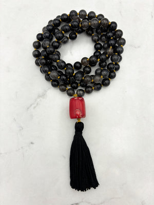black rutile quartz gemstone mala necklace with red coral guru bead and black tassel | radiant malas | handmade in boulder, colorado
