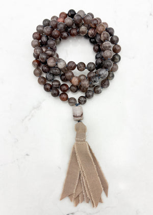 black sunstone gemstone mala necklace with rainbow amethyst guru bead and tan silk tassel |  radiant malas | handmade in boulder, colorado