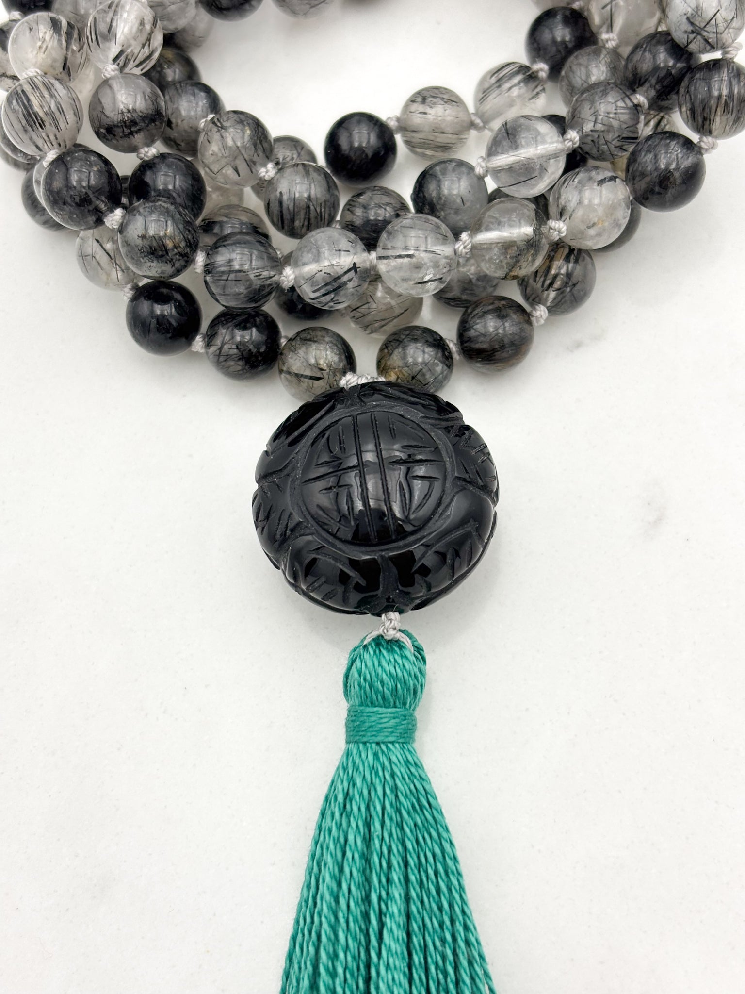 black tourmaline rutilated quartz gemstone mala necklace | radiant malas | handmade in boulder, colorado