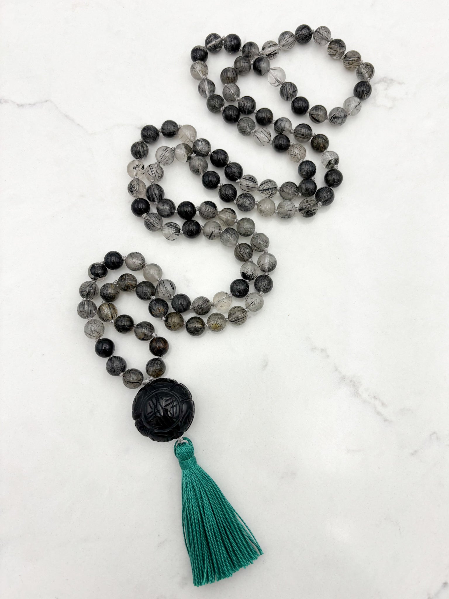 black tourmaline rutilated quartz gemstone mala necklace | radiant malas | handmade in boulder, colorado