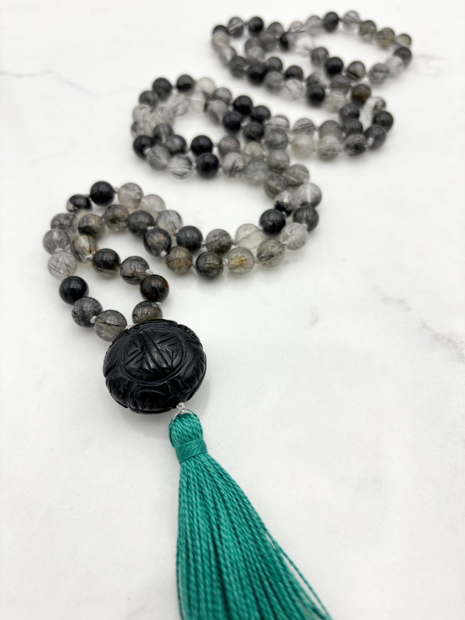 black tourmaline rutilated quartz gemstone mala necklace | radiant malas | handmade in boulder, colorado