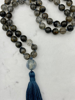 black tourmaline rutilated quartz gemstone mala necklace | radiant malas | handmade in boulder, colorado