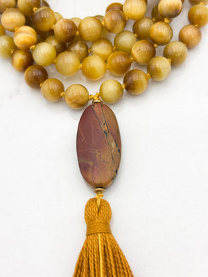 blond tiger's eye gemstone mala with jasper guru bead and gold tassel necklace | radiant malas | handmade in boulder, colorado