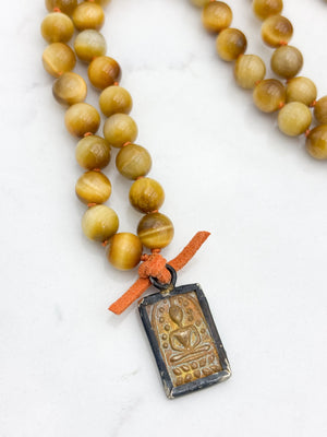 blond tiger's eye gemstone mala necklace with vintage brass pendant | radiant malas | handmade in boulder, colorado