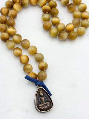 blond tiger's eye gemstone mala necklace with vintage brass pendant | radiant malas | handmade in boulder, colorado