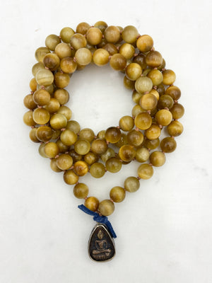 blond tiger's eye gemstone mala necklace with vintage brass pendant | radiant malas | handmade in boulder, colorado