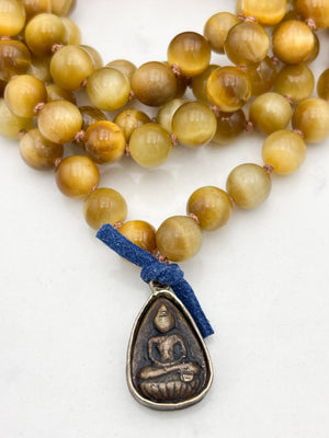 blond tiger's eye gemstone mala necklace with vintage brass pendant | radiant malas | handmade in boulder, colorado