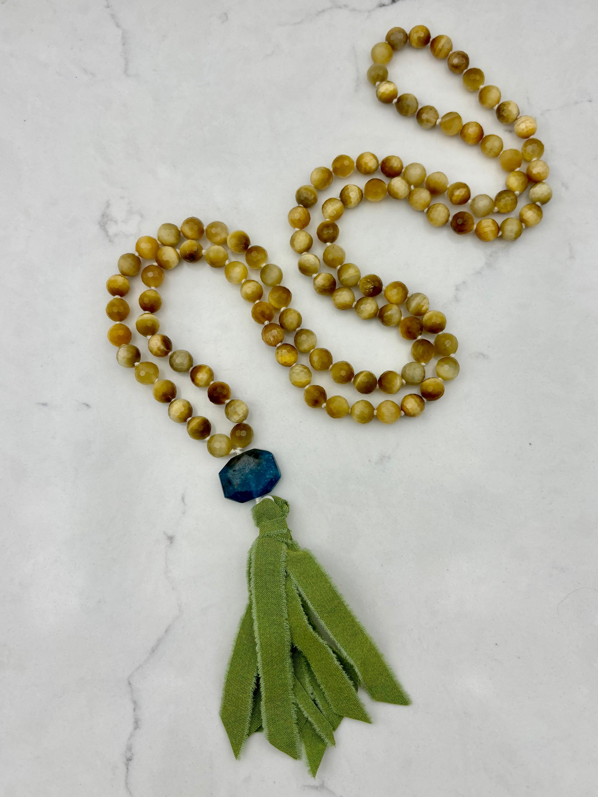 blonde tiger's eye mala necklace | silk ribbon tassel | radiant malas | handmade in boulder, colorado