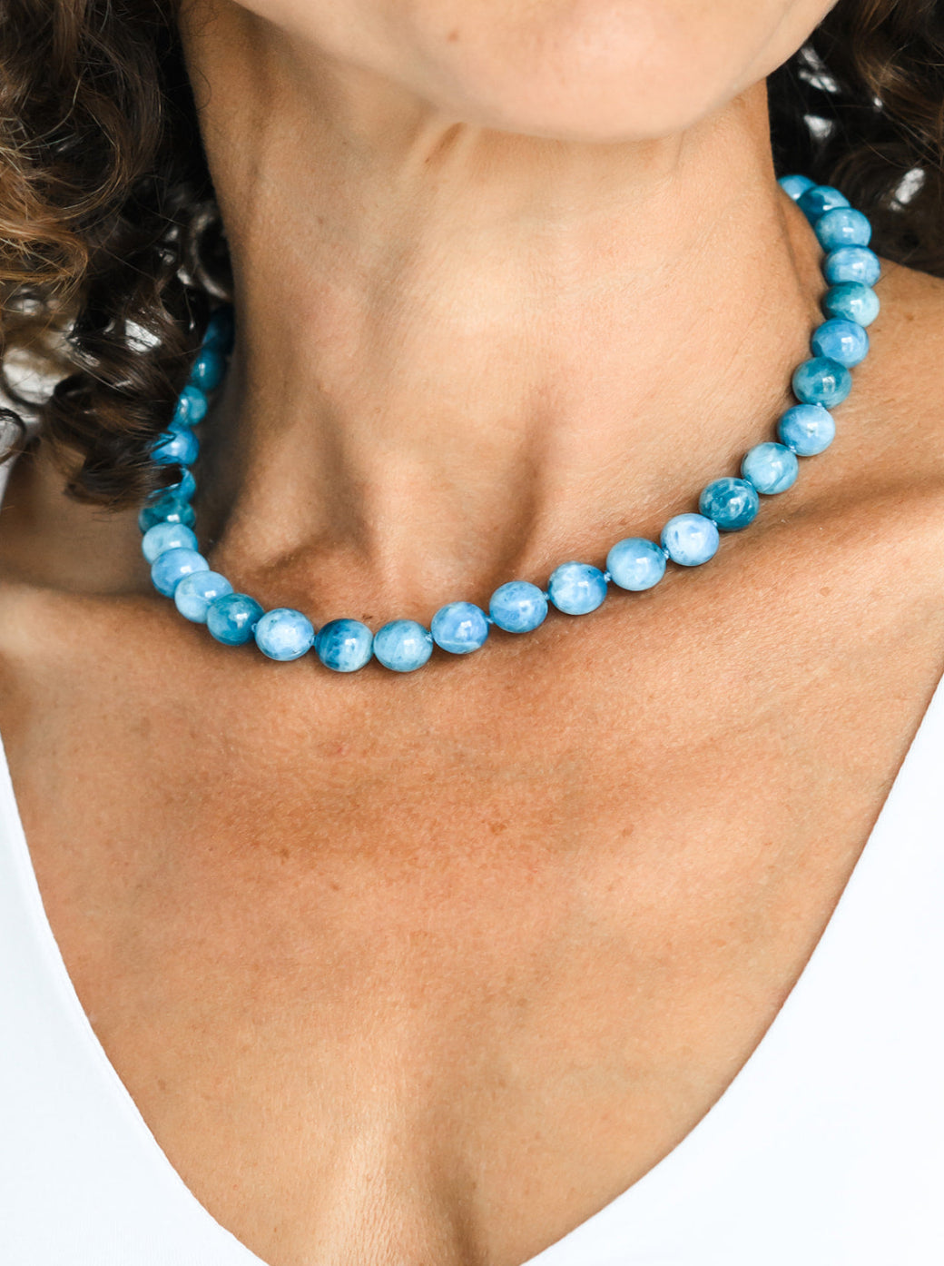 blue apatite big bead knotted necklace  radiant malas | handmade in boulder, colorado