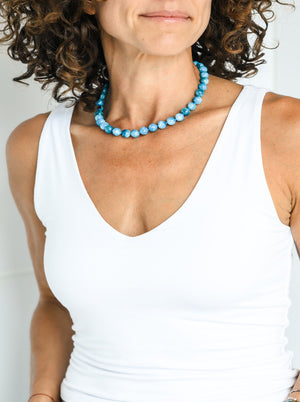 blue apatite big bead knotted necklace  radiant malas | handmade in boulder, colorado
