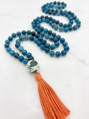 blue apatite gemstone mala with bone turquoise coral guru bead and orange | radiant malas | handmade in boulder, colorado