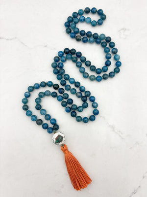 blue apatite gemstone mala with bone turquoise coral guru bead and orange | radiant malas | handmade in boulder, colorado