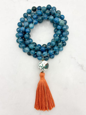 blue apatite gemstone mala with bone turquoise coral guru bead and orange | radiant malas | handmade in boulder, colorado