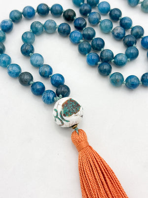 blue apatite gemstone mala with bone turquoise coral guru bead and orange | radiant malas | handmade in boulder, colorado