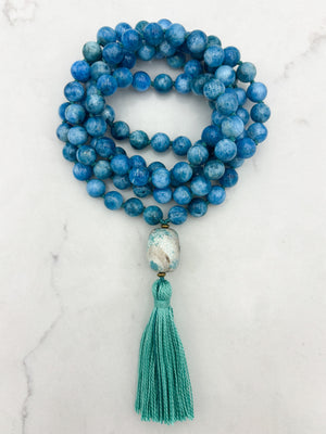 blue apatite gemstone mala with ceramic guru bead and teal tassel | radiant malas | handmade in boulder, colorado