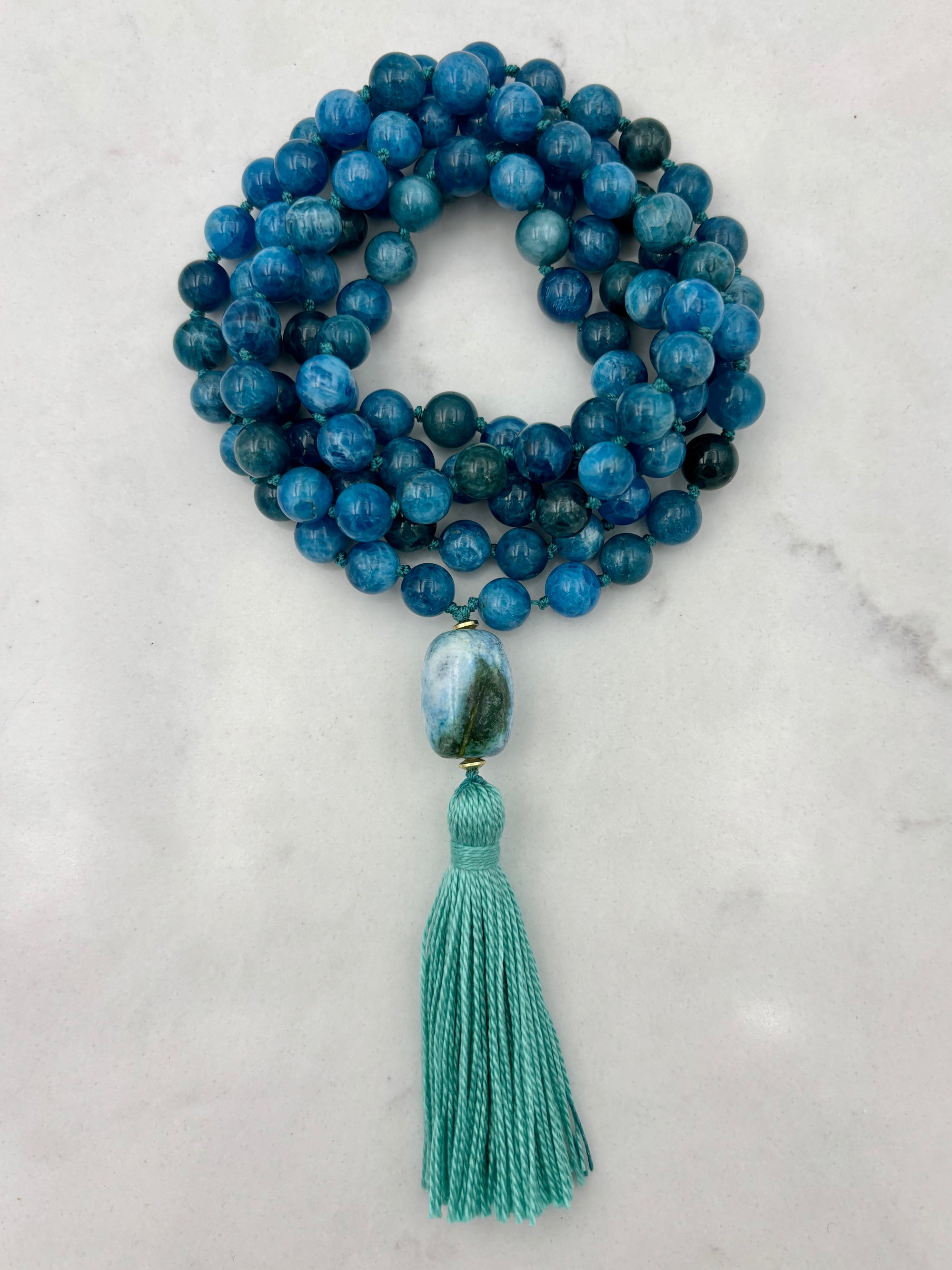 blue apatite gemstone mala necklace | radiant malas | handmade in boulder, colorado