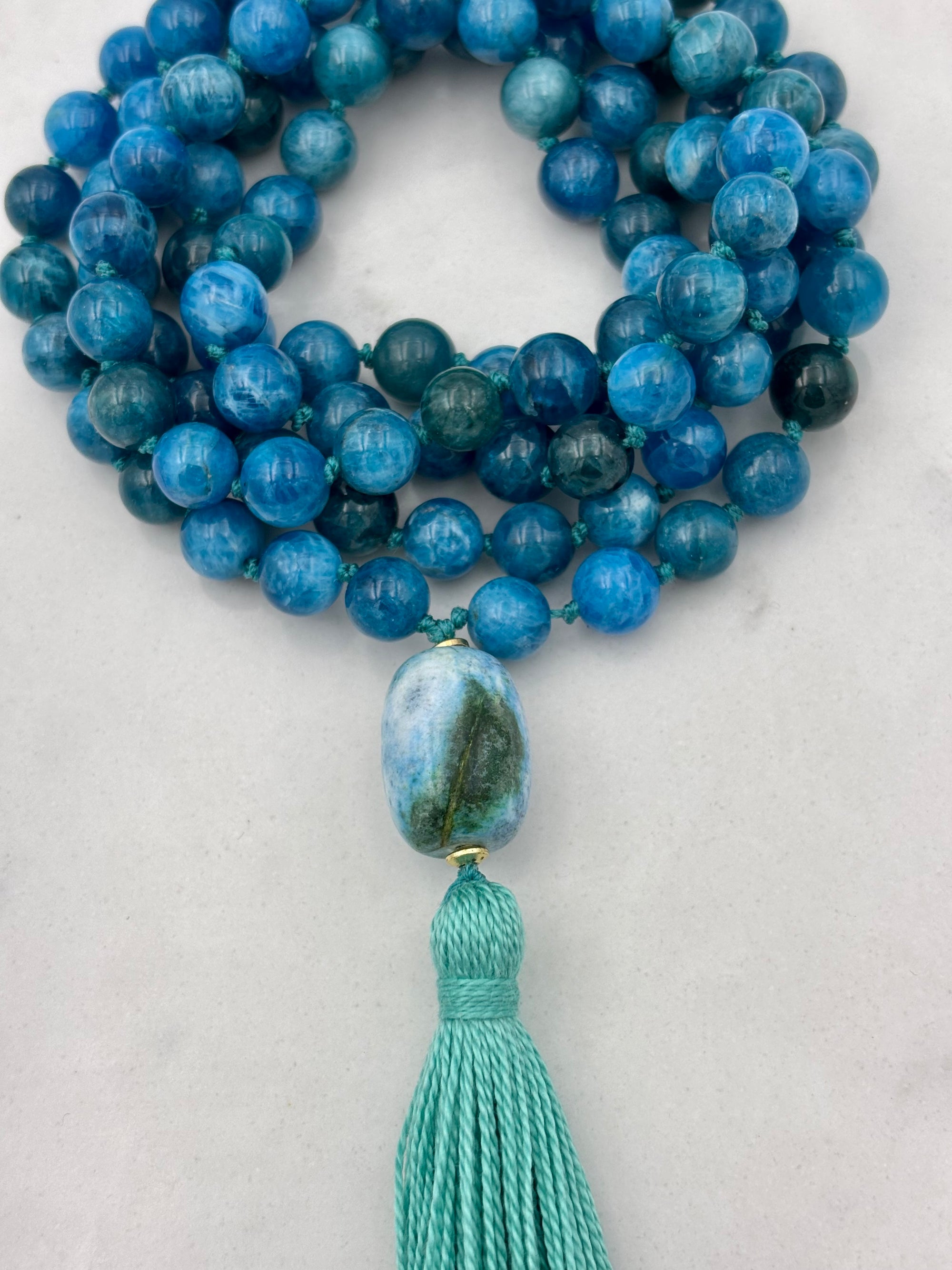 blue apatite gemstone mala necklace | radiant malas | handmade in boulder, colorado