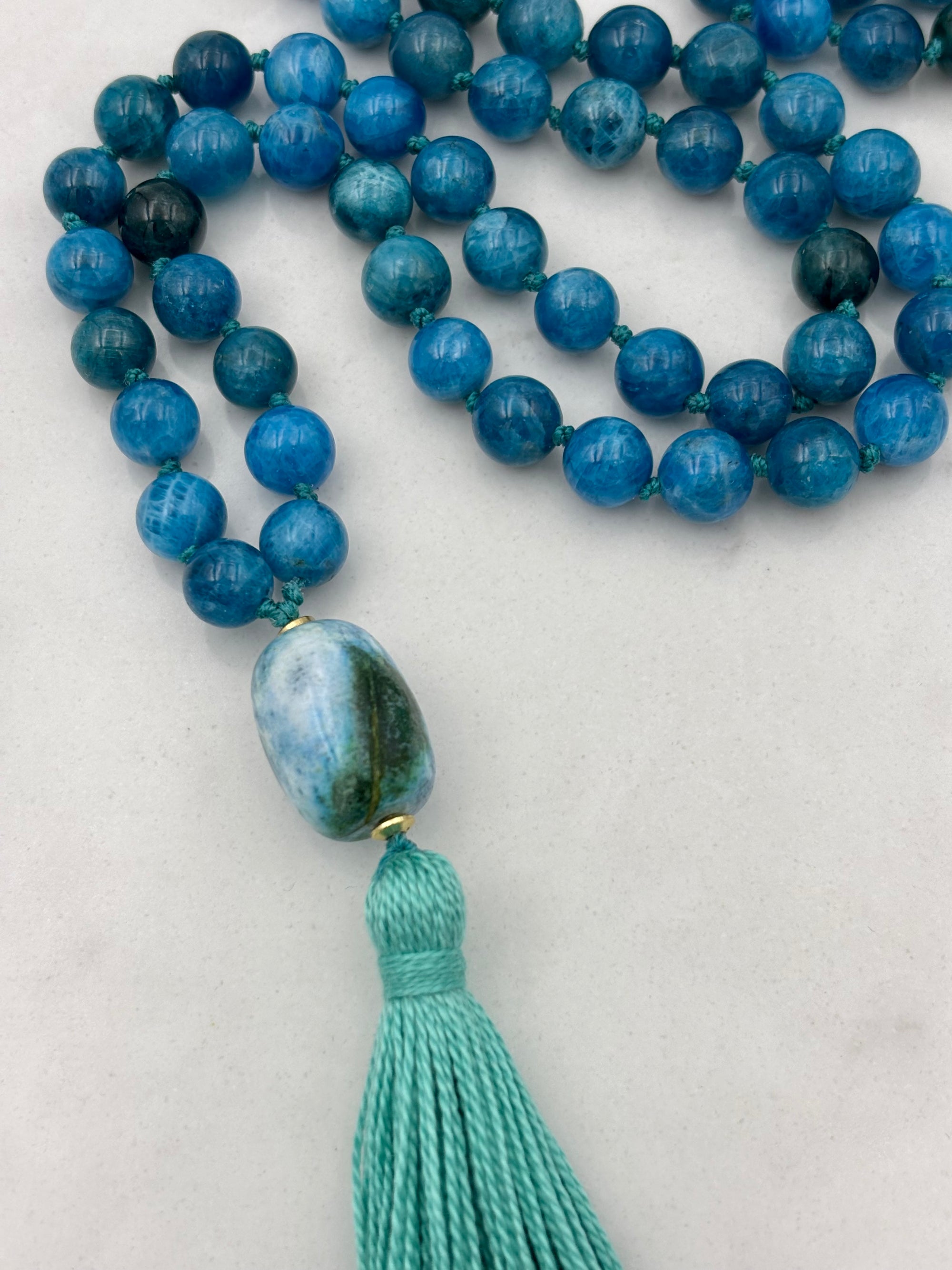 blue apatite gemstone mala necklace | radiant malas | handmade in boulder, colorado